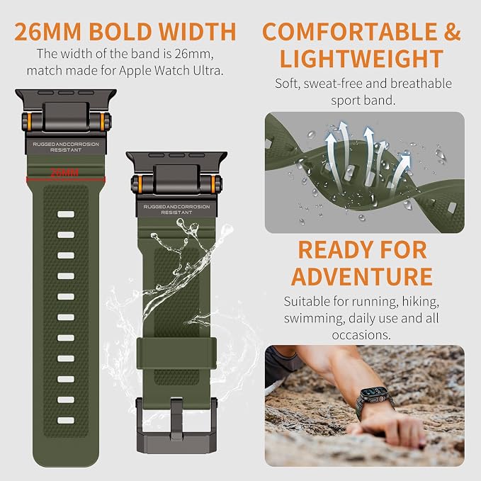 FOAMUNOC Rugged Band Compatible with Apple Watch Ultra 3/2/1 Band 49mm/46mm/45mm/44mm/42mm, Metal Connector with Strap for iWatch Ultra Series 11/10/9/8/7/6/SE3/SE2/SE/5/4/3/2/1, Army Green/Black