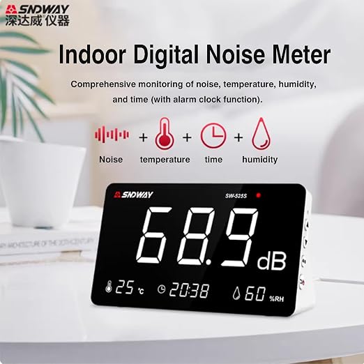 SW-525S 30-130dB Digital Meter Desktop Sound Level Meter with 6 inch LCD Display Meter Decibel Noise Time Temperature Humidity Meter for Classroom, Studio, Factory,Concert Hall