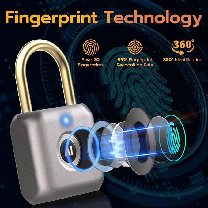 Pothunder Fingerprint Padlock, Smart Padlock, Locker Lock, Biometric Keyless Fingerprint Lock for Gym Locker, Toolbox, Locker, Door, Luggage, Backpack(Gray)