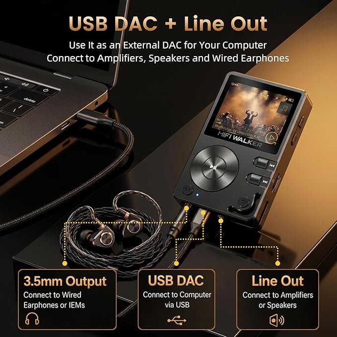 HIFI WALKER H2, High Resolution MP3 Player with Bluetooth5.2, DSD DAC, HiFi Portable Digital Audio Player Lossless High-Res Music Player with 128GB Memory Card, Support Up to 512GB
