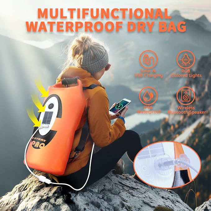 FELICON Waterproof Dry Bag Backpack with Bluetooth Speaker, 10L Roll Top Floating Sack, Solar & USB-C Powered Emergency Charger, RGB Light, Heavy Duty PVC for Kayaking Camping, Orange