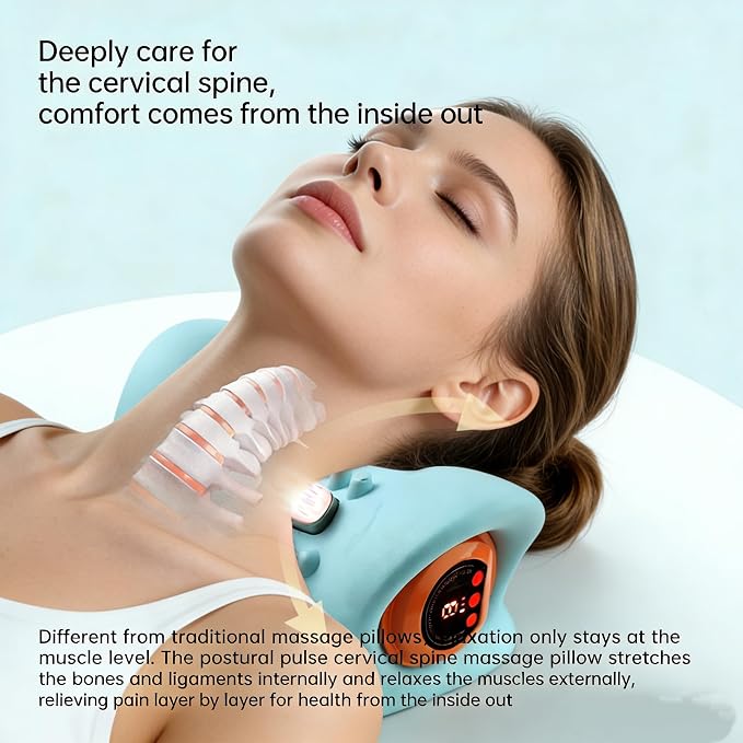 Neck Massager with Heat,3-in-1 EMS Pulse/Vibration/Heating with Remote Control,Electric Cervical Neck Traction Pillows for Pain Relief and Muscle Relaxation,Gifts for Women Men(Blue)