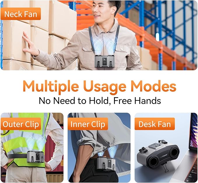 Doublepow 24000mAh Portable Waist Fan, Personal Fan, Dual Air Ducts Motors, Rechargeable Clip On Belt for Working, 10 Speeds 45H Wearable Neck Cooling, for Outdoor Work, Travel, Power Outage (Gray)