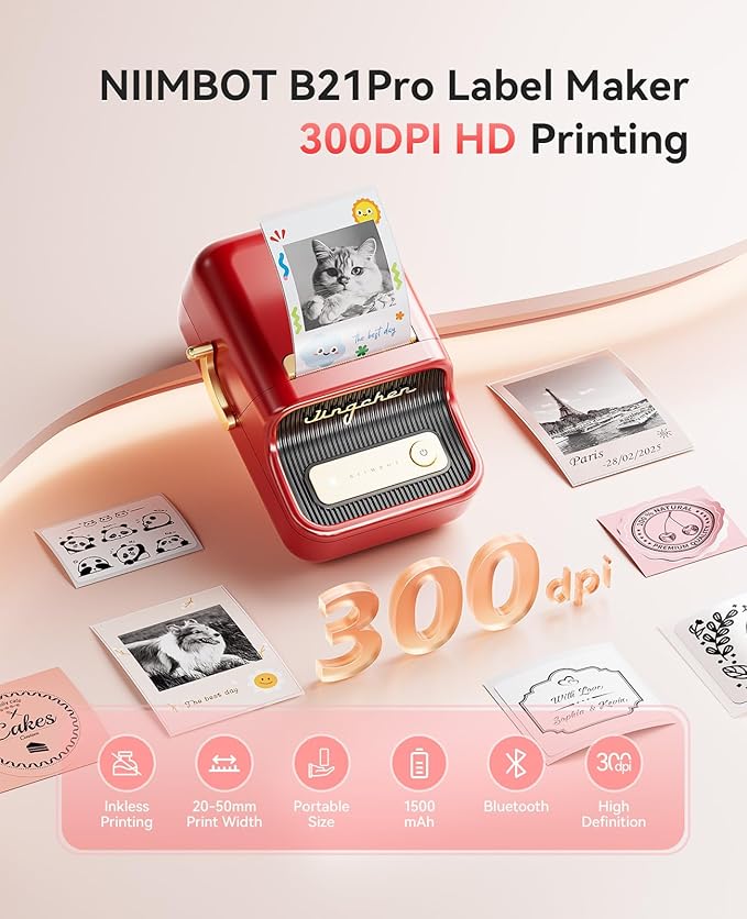 NIIMBOT B21 Pro Label Maker, 300DPI HD Label Printer, Ideal for Notes,Photos, Study Graphics, Memo Maker,50x30mm Label(Red)