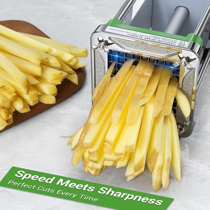 Sopito French Fry Cutter Electric - Stainless Steel Vegetable & Fruit Chopper with 1/2 & 3/8 Inch Blades for Potatoes, Carrots, Cucumbers & Onions