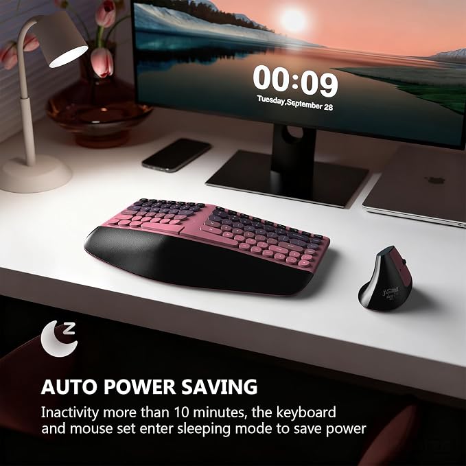 MOFII Wireless Ergonomic Keyboard & Mouse Combo – Split Curved Keyboard with Wrist Rest (All-Day Comfort) + Wireless Vertical Ergonomic Optical Mouse, Compatible with PC/Laptop/Desktop- Pink Gradient