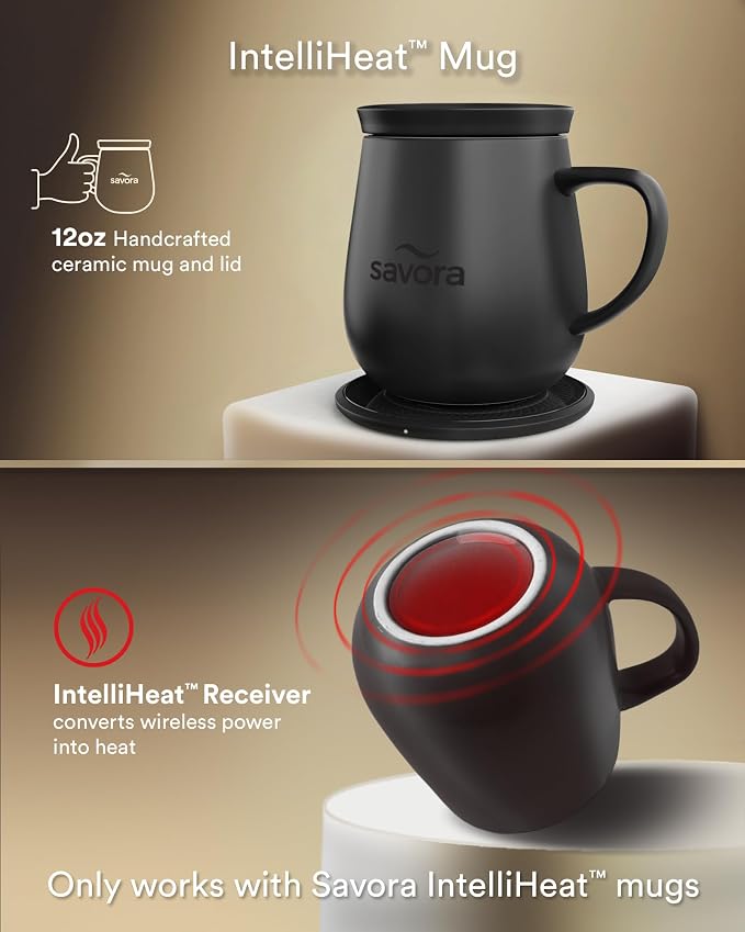 12oz IntelliHeat™ Coffee Mug | Barista’s Choice | Exclusive Wireless SmartSense Pad | Maintains Perfect 135°F | Hand-Crafted Ceramic Mug & Lid | for Tea Drinkers | Backed for Life - Black