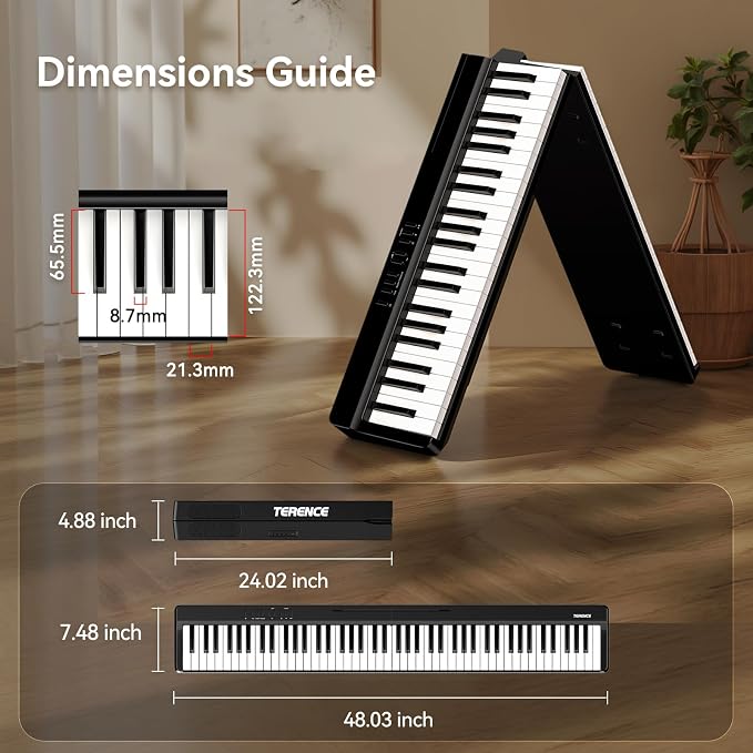 Portable Piano Keyboard 88 Keys: Semi-Weighted Folding Digital Piano Bluetooth, 128 Tones & Silent Mode TERENCE Electric Folding Piano Kit for Adult