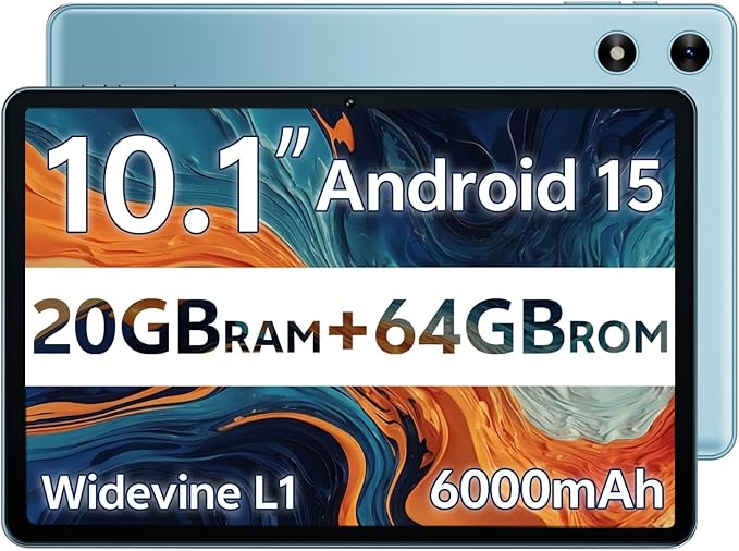 SVITOO Android Tablet 10 Inch, Android 15 Tablet for Kids Adults, 20GB RAM 64GB Storage 1TB Expandable, Dual Cameras 8MP 2MP, 6000mAh Dual Speakers WiFi 6 Blue