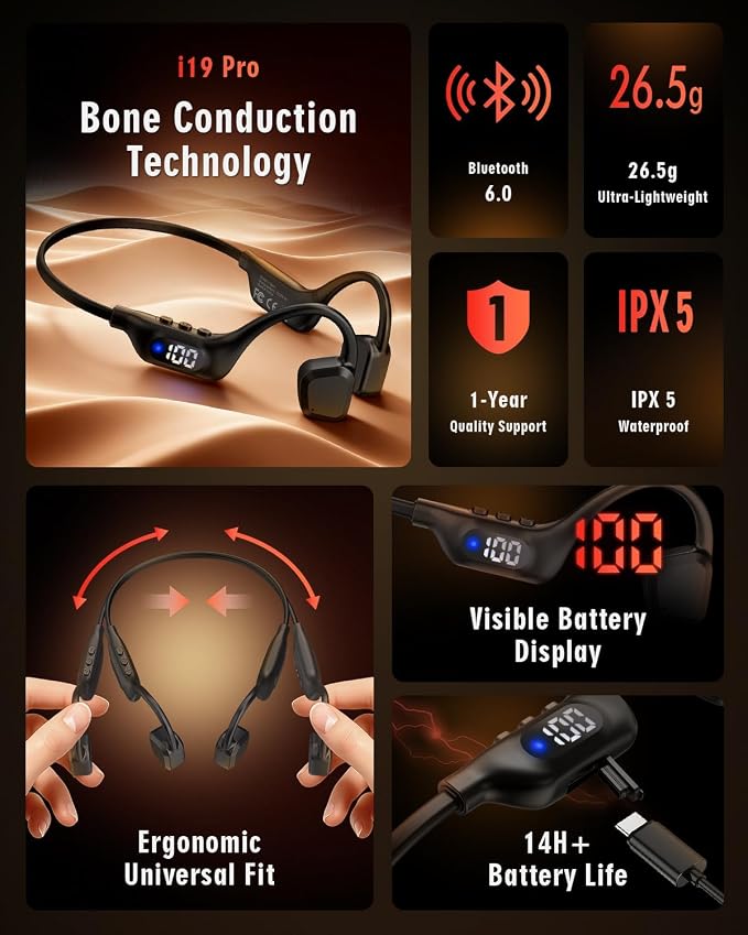 Bone Conduction Headphones, 14H Playtime Bluetooth 6.0 Open-Ear Earbuds with Mic, IPX5 Waterproof Lightweight Headset, Wireless Sport Earphones for Running, Cycling, Gym Workouts(Black)
