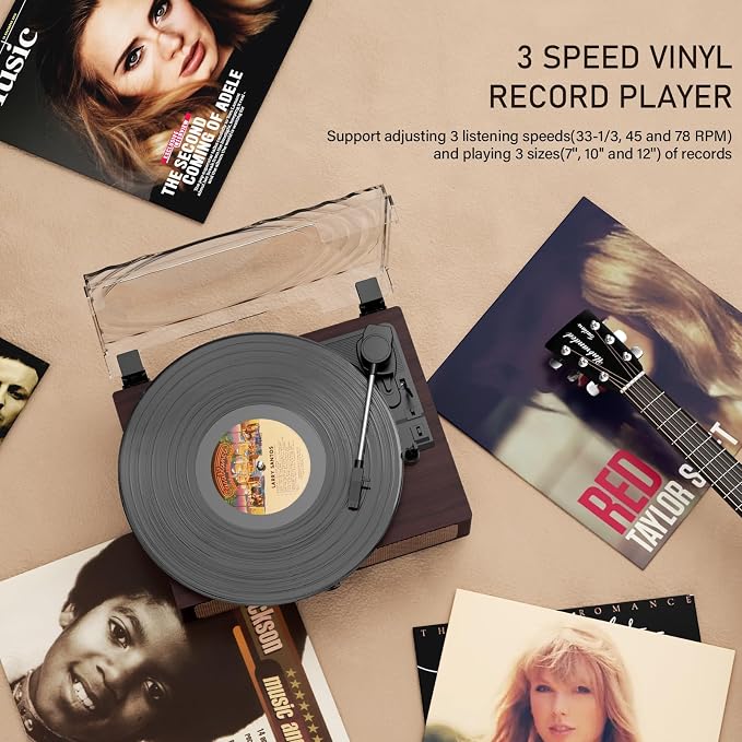 Vinyl Record Player Turntable with Built-in Bluetooth Receiver & 2 Stereo Speakers, 3 Speed 3 Size Portable Retro Record Player for Entertainment and Home Decoration