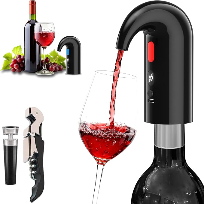 Electric Wine Aerator & Decanter Pump – Perfect Fathers Day Quiet Dual-Pump Aeration, Measured Pouring, Temp Display & USB Rechargeable System – Professional Wine Tool for Home Bars (Black)