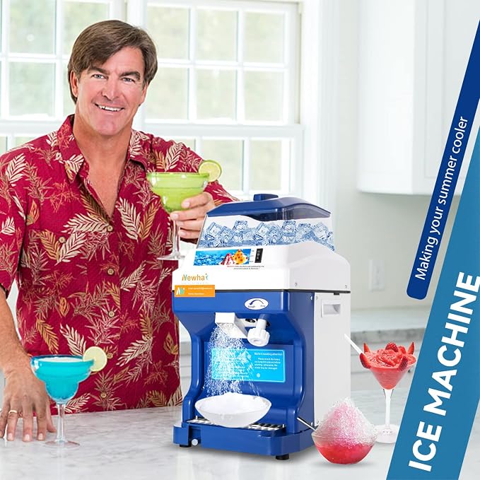 Newhai Ice Shaver Commercial Ice Crusher Electric Shaved Ice Machine 300W Automatic Snow Cone Maker 1400RPM Thickness Adjustable 441 LBS/H Ice Shaving Machine