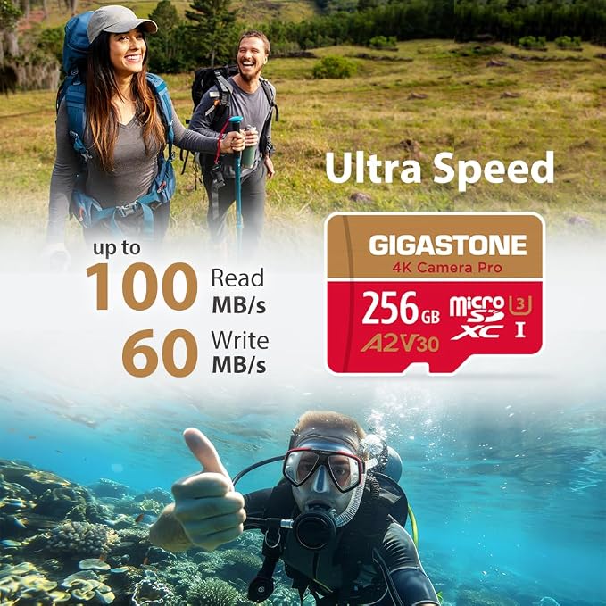 [5-Years Data Recovery] Gigastone 256GB Micro SD Card, 4K Camera Pro, A2 V30 UHS-I U3, Up to 100MB/s, for Smartphone, GoPro, Action Cam, 4K UHD Video, Nintendo Switch, with Adapter & USB-C Reader
