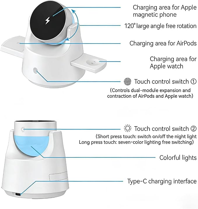 3-in-1 Wireless Charger for iPhone, Apple Watch & AirPods ，Smart Wireless Charging Station with RGB Night Light，Motorized Expandable Dock with 110° Rotation, 15W MagSafe, CE/FCC Certified (White)