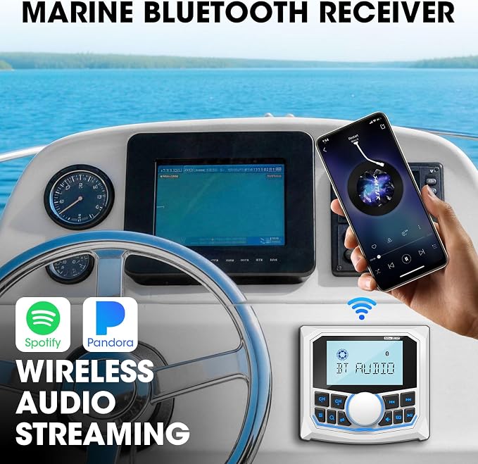 Marine Boat Radio Bluetooth Receiver – Gauge Style Marine Stereo Media System - 2.8 Inch LCD Display AUX USB AM FM Pre-Amp Subwoofer for UTV ATV RZR Golf Cart Spa Hot