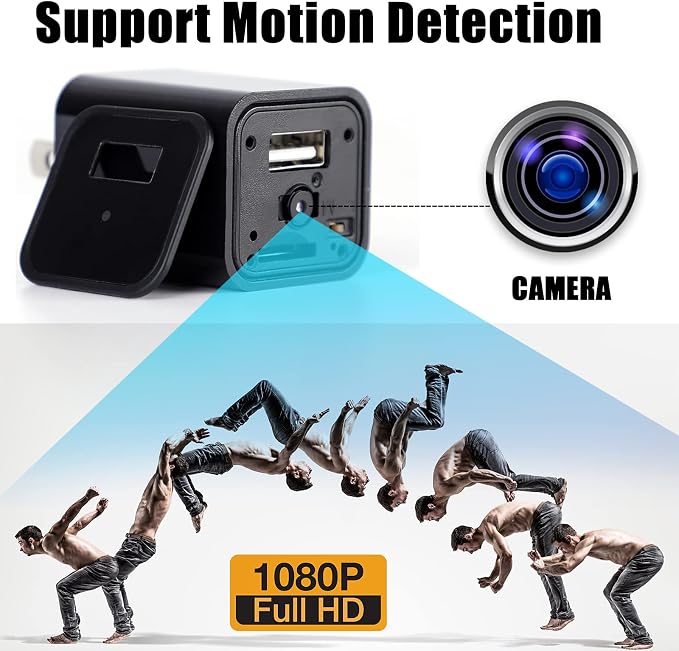 Mini Camera USB Charger Full HD 1080P Video, Security Charger Cam for Home & Office Monitoring, Wall USB Camera with 32GB Micro SD Card
