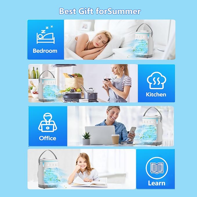 Portable Air Conditioners, SMLEGFT Evaporative Air Cooler with 7 Color Light & 900ml Large Tank, 3 Speeds & 2/4/6/8H Timer, Dual Mist Spray & Dual Icebox, Personal Air Conditioner for Bedroom Office