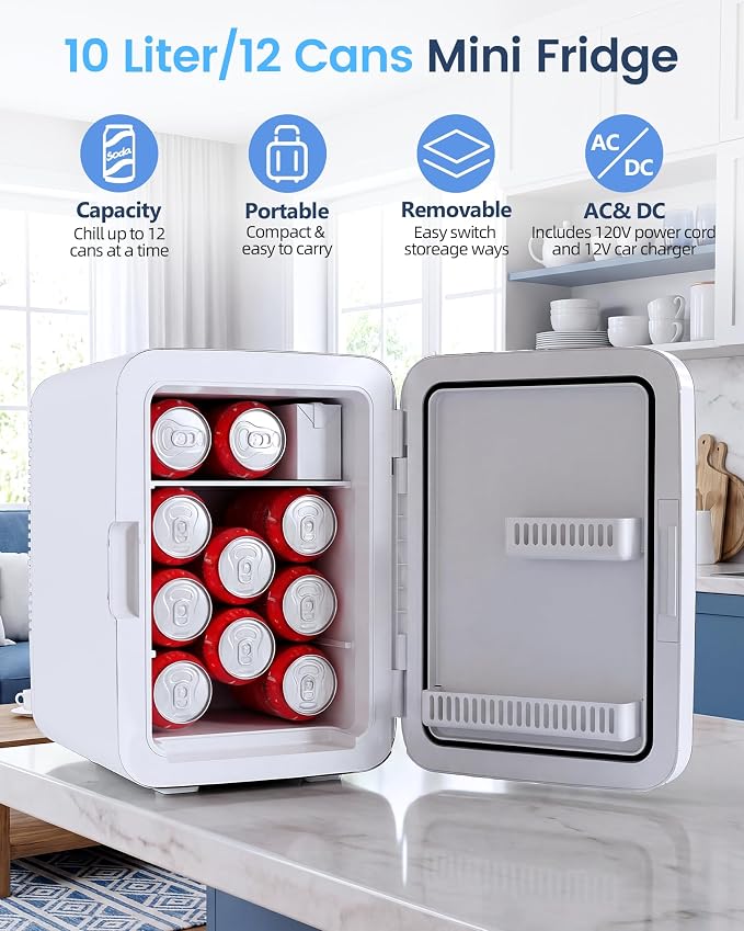 Electactic 10L Mini Fridge, Portable Compact Refrigerator, 2.6 Gal Skincare Cooler with AC/DC Adapter, Quiet Small Personal Fridge for Beverage, Food, Makeup, Bedroom, Office, White