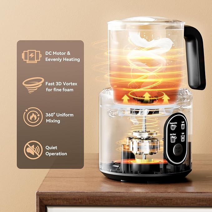 Milk Frother and Steamer, 4-in-1 Automatic Electric Milk Frothers, 24oz Detachable Stainless Steel Jug with Latte Art Spout, Hot & Cold Foam Maker for Coffee, Lattes, Cappuccinos