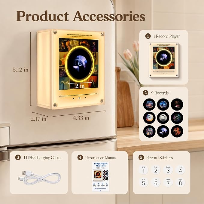 Music Refrigerator Magnets with NFC Records Player Set, Include 9 Programmable Retro Vinyl Records Refrigerator Magnets, 128M Music Player with Light for Fridge or Desktop, Unique Musical Gift