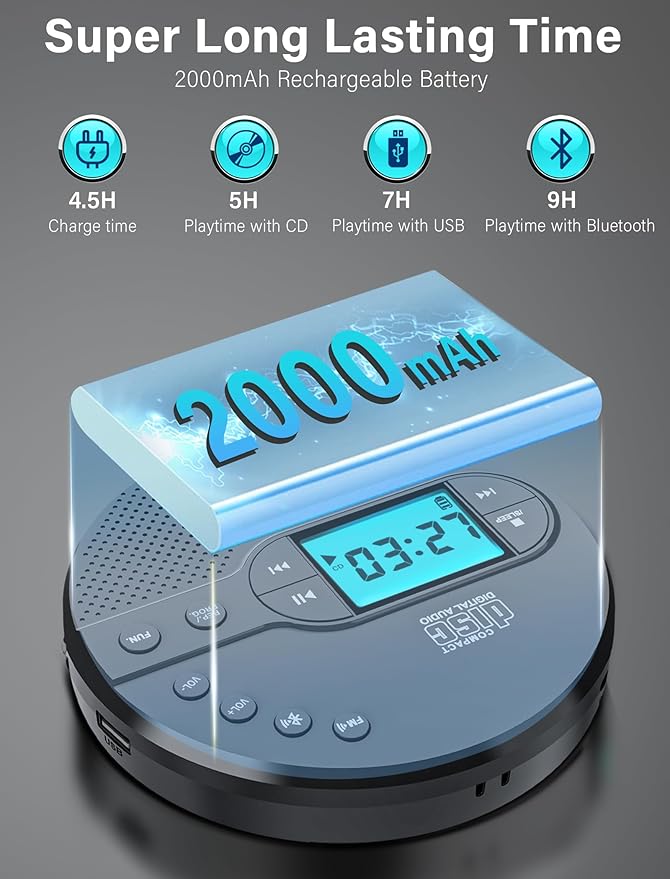 Portable CD Player with Bluetooth 2000mAh Rechargeable CD Player with FM Transmitter,Personal CD Player for Car with Anti-Skip,Headphone,LCD Screen,AUX,Built-in Stereo Speaker,USB(Dark Gray)