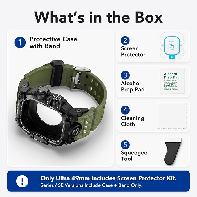 amBand Rugged Case with Band for Apple Watch Ultra 3/2/1 49mm, M3 Military Grade Shockproof Cover, Includes Screen Protector Kit, Tactical Band for Men - Compatible with iWatch Ultra, Army Green