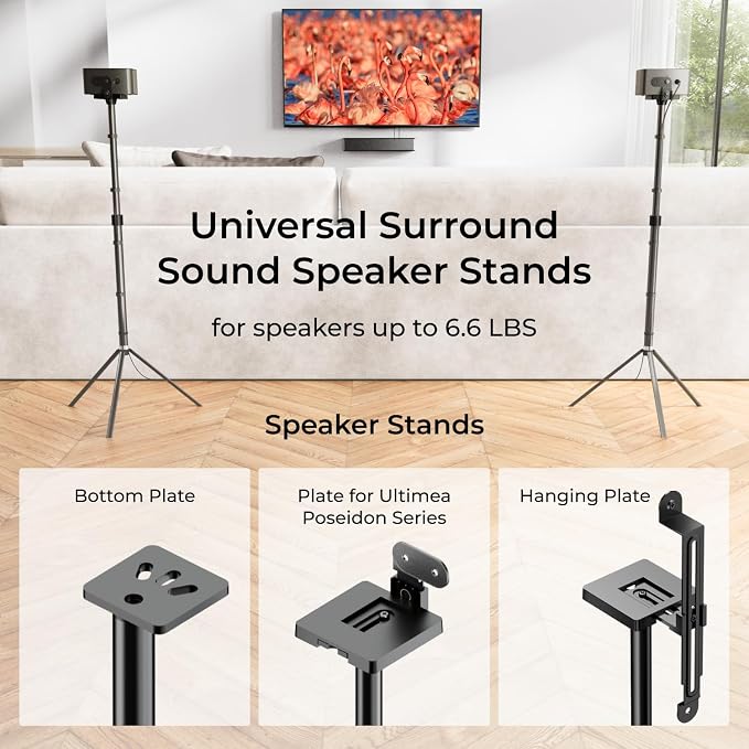 ULTIMEA Universal Speaker Stands Pair, Height Adjustable 24.4"-36.6", Fits Most Satellite & Surround Speakers, 3 Mounting Options, Holds 6.6 lbs, Easy Assembly, for Home Theater, Steady 310