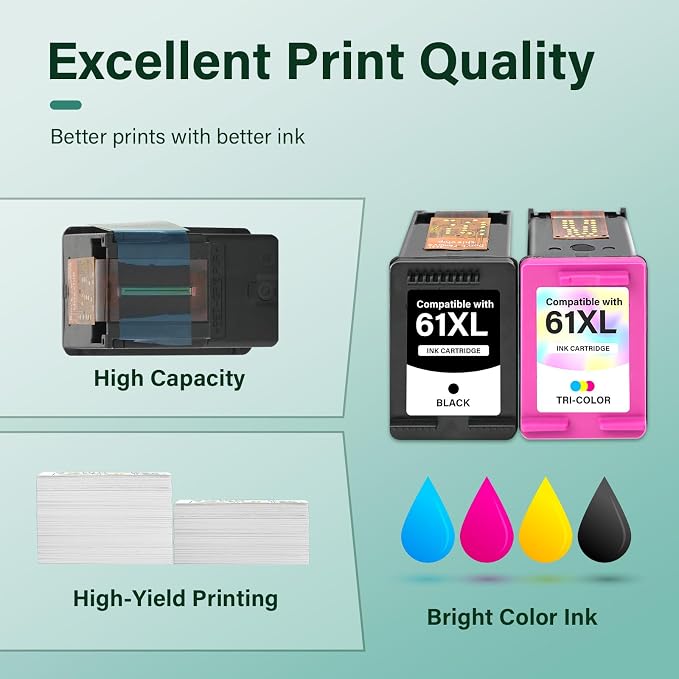 61XL 61 4500 5530 Ink Cartridge for HP Printers Replacement for HP61 Ink 61 XL Black and Color Combo Pack for Envy 4500 5530 4502 OfficeJet 4630 DeskJet 2540 Printer (1 Black, 1 Tri-Color, 2-Pack)