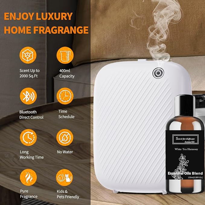 Smart Waterless Essential Oil Diffuser, 400ML Diffuser with 100ML Fragrance Scent Oils for Scent Air Machine with 12A1V Power Adapter for Large Room and Commercial Use, Cover Up to 2000 Sq.Ft