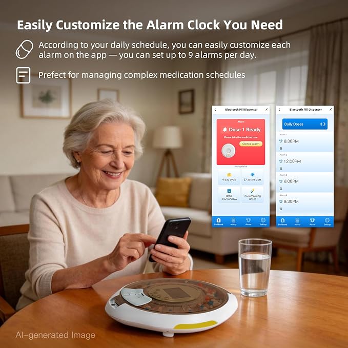 Smart Pill Organizer, 28-Day Bluetooth Automatic Pill Dispenser with APP Control for Seniors, Caregivers Care - Tracks Adherence History, Up to 9 Daily Doses, Sound Light Reminders