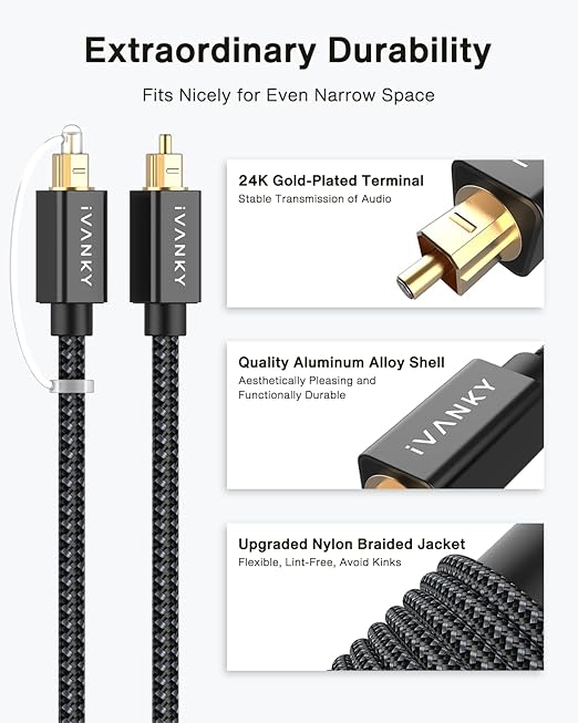IVANKY Optical Audio Cable 3.3ft/1M, Nylon Braided, 24K Gold-Plated, Slim Metal Case, CL3 Rated, S/PDIF Digital Audio Fiber Optic Cable for Home Theater, Sound Bar, TV, PS4, Xbox, Samsung, Vizio