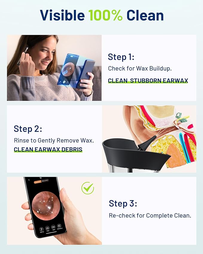 KAUGIC Ear Wax Removal - One-Hand Manual Ear Cleaner with Camera, 7 PCS Ear Spoons, Safe Ear Irrigation Kit for Adults, FSA-HSA-Eligible (Black)