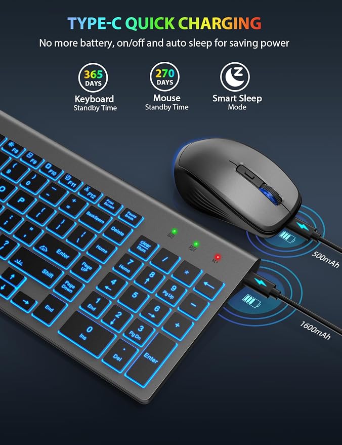 Wireless Keyboard and Mouse Combo Backlit - Compact Quiet Keyboard with RGB Mouse, Rechargeable, Slim, Sleep Mode, Portable Cordless Keyboard Mouse Set for Mac, Windows (Space Gray) - SABLUTE KM61PRO