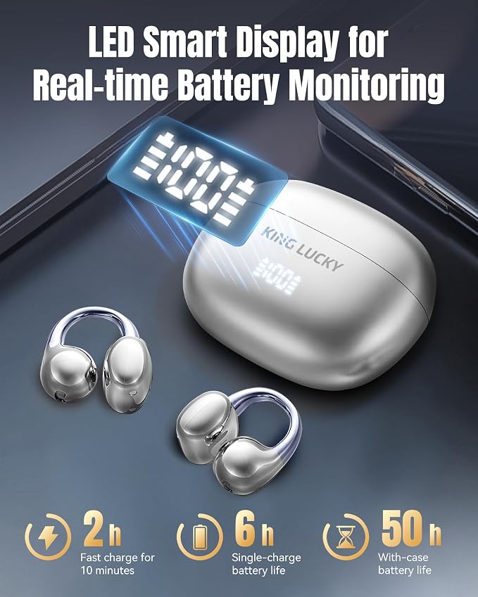 King Lucky Next-gen Clip on Earbuds Open Ear Wireless Bluetooth 6.0 Headphones with Mic,50H Play,ENC,IPX5 Waterproof,Sports Ear Buds,Comfortable for Small Ears&Fitness,Run (Silver, Digital Display)