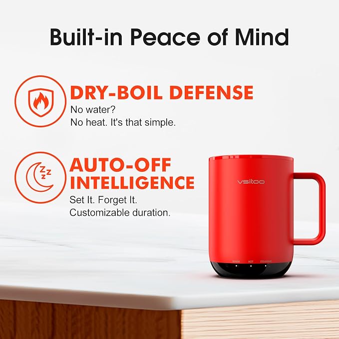VSITOO S3 Plus 14oz Self Heating Coffee Mug with Auto-Sensing AI - Smart Rechargeable Heated Mug, Temperature Control 120-150℉, IPX7 Waterproof, Coffee Warmer Gift for Women Men- Red