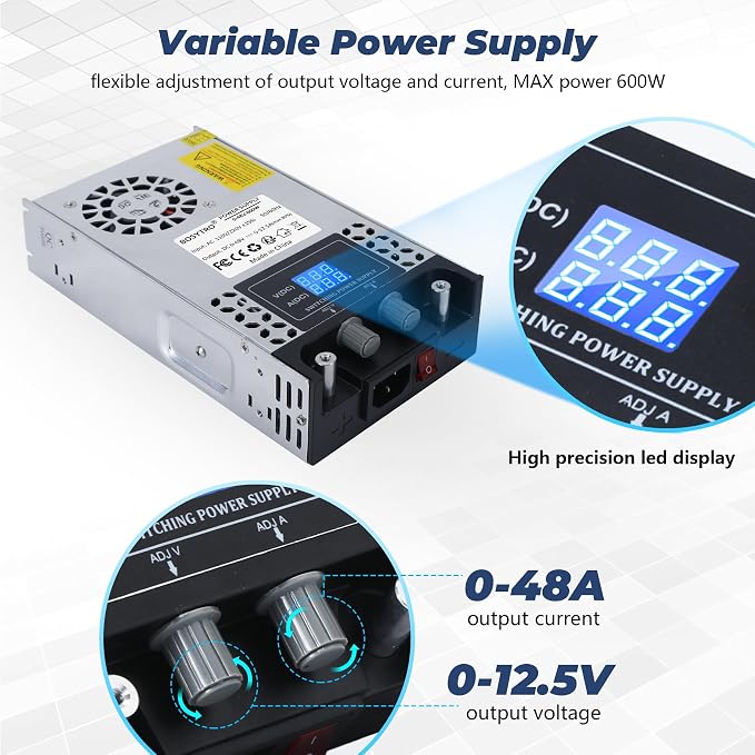 AC to DC Converter 60V DC Power Supply Adjustable 0-60V 0-10A SMPS Max 600W Switching Power Supply for Led Strip, Motor Pump, CCTV, 3D Printer, Lab Computer