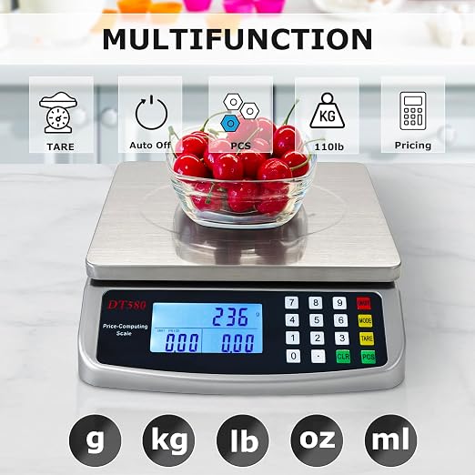 110lb/50kg Food Scale Digital Kitchen Scale with Tray Large LCD Display 304 Stainless Steel Commercial Price Computing Scale Counting Scale for Baking Cooking Meat Industry Counting Adapter Included