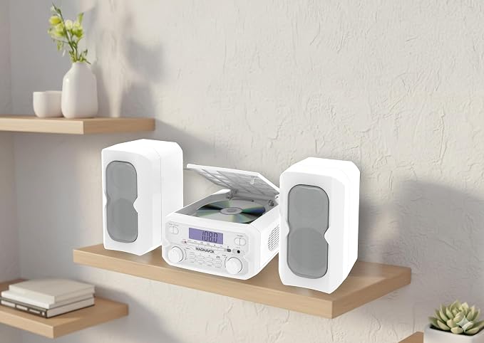 Magnavox 3-Piece Compact CD Shelf System with Digital FM Stereo Radio, Bluetooth Wireless Technology, and Remote Control in Silver | LCD Display | AUX Port Compatible
