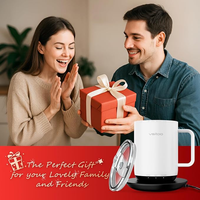 Vsitoo S3 Plus 14oz Self Heating Coffee Mug with Auto-Sensing AI - Smart Rechargeable Heated Mug, Temperature Control 120-150℉, IPX7 Waterproof, Coffee Warmer Gift for Women Men - White