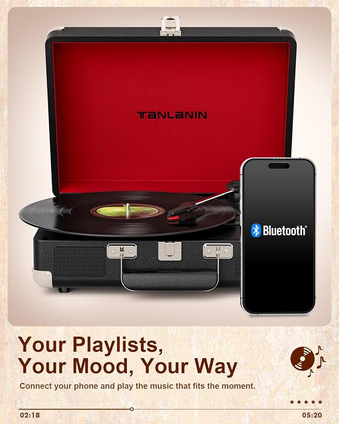 TANALNIN Vinyl Record Player, 3-Speed Bluetooth Portable Suitcase Turntable with Built-in Speakers, USB Recording, RCA Output, AUX Input/Output, Vintage Vinyl Player for Home, Bedroom or Gifting,Black