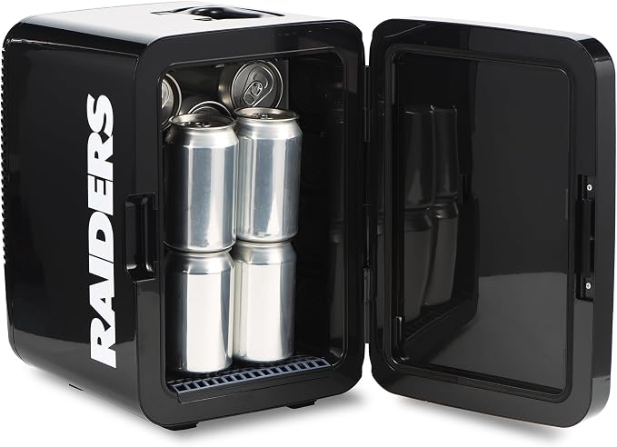 Ukonic NFL Las Vegas Raiders 15-Can Mini Fridge 10L AC/DC Powered, Official Team Colors & Logo, Portable Cooler for Tailgates, Home, Office, or Car