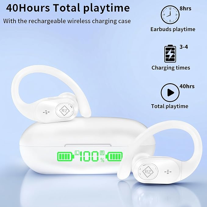 Wireless Earbuds Bluetooth Headphones 96H Playtime LED Display Waterproof Built in Mic Deep Bass Sound Secure Over Ear buds Earhooks for iPhone Android Samsung Cell Phones Sport Workout Gaming Running