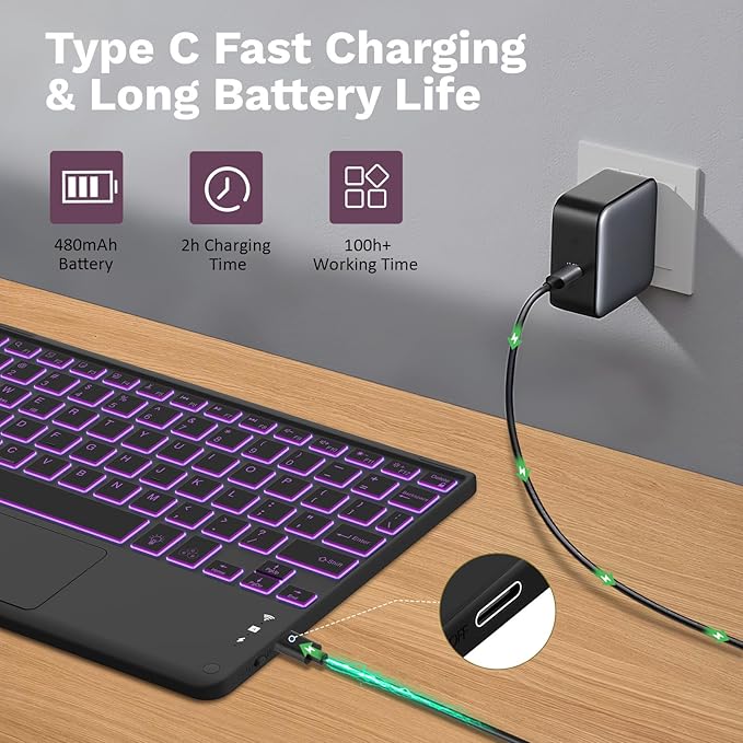 MoKo Touch Keyboard Case for iPad (A16) 11th Generation 11 inch 2025, iPad 10th Generation 10.9 inch Case with Pencil Holder, 7 Colors Backlit Multi-TrackPad Detachable Bluetooth Keyboard, Dark Purple