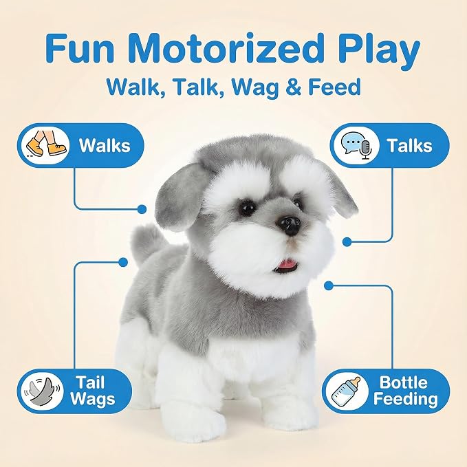 CU-MATE 12" Electric Plush Dog Toys, Electronic Stuffed Animal Dog Toy, Interactive Wuffy Robot Toy, Walking, Talking, Barking & Wagging Tail, Gifts for Boys and Girls (Schnauzer)