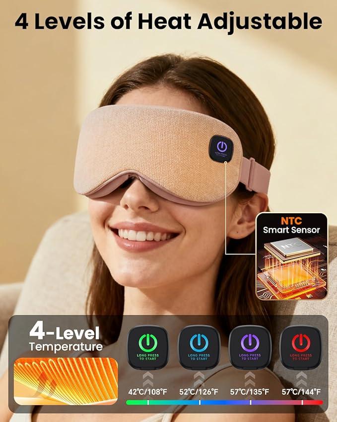 Cordless Heated Eye Mask with 1500mAh Large Battery, 4 Heat Levels & 100% Blackout for Dry Eyes Relief, Fast Heating Eye Heating Pad with 2 Washable Covers for Sleep, Travel, MGD, Blepharitis