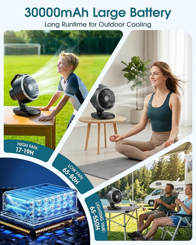 Ausic Outdoor Rechargeable Desk Fan Portable, 30000mAh 12'' Battery Powered Oscillating Fan with Remote & Turbo Blade, Ultra-Powerful Quiet Fan for Patio, Sports, Camping, Whole Room, Office, Dorm