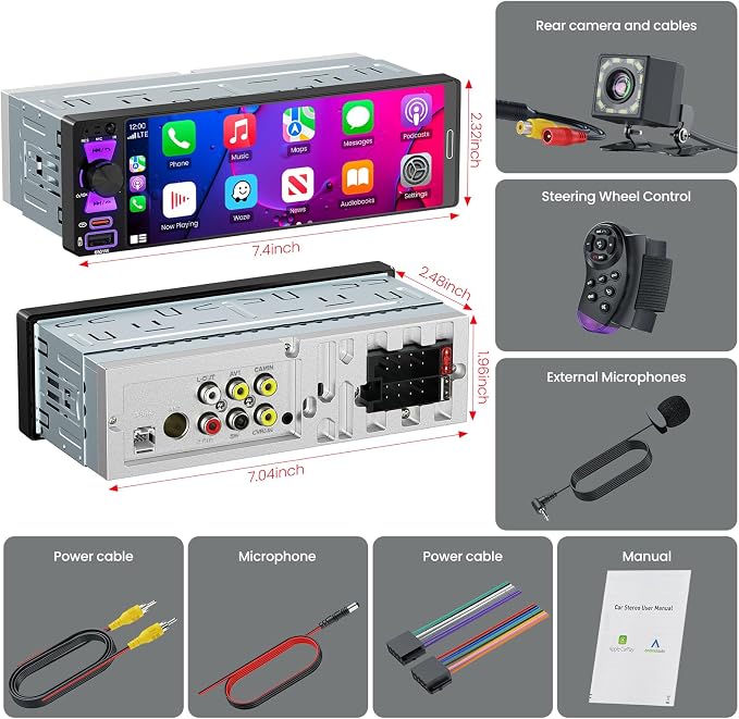 Single Din Car Stereo with Wireless Apple CarPlay & Android Auto, 6.5 Inch InCell Touchscreen Car Radio, Car Stereo with Bluetooth 6.0, 1080P Backup Camera, Mirror Link, AM&FM, Fast Charging, EQ, SWC
