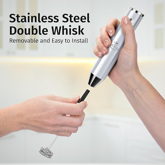 Zulay Kitchen Rechargeable Milk Frother Handheld - Frother Wand, Drink Mixer, Electric Whisk Frother, for Cappuccinos, Matcha & Protein Powder - Lux 4 Whisk 2 Speed Waterproof 2000mAh Silver