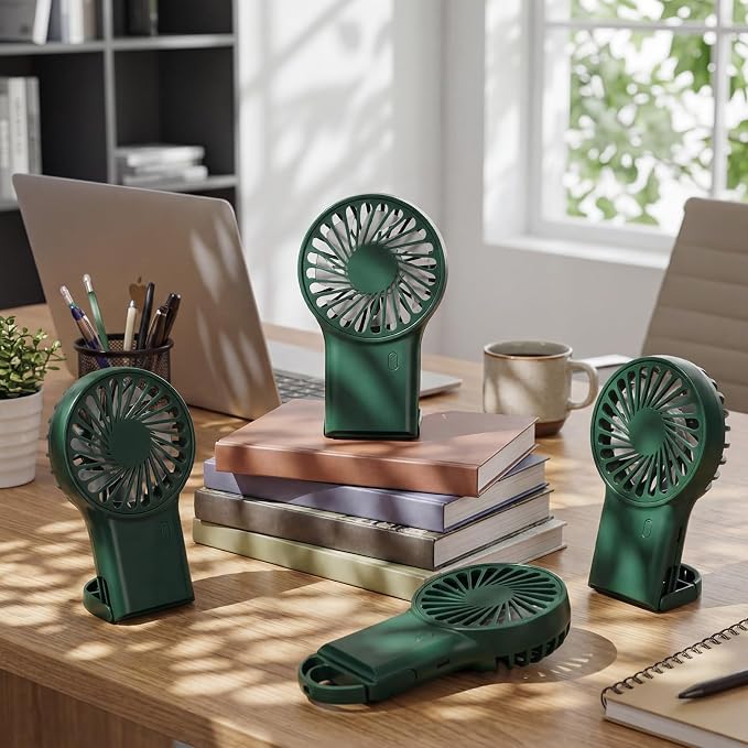 VIHOSE 4 Pcs Portable Hanging Fan, 3 Speeds Personal Rechargeable Desk Hand Held Small Fan with D Metal Hook for Cooling Small Personal Hands Outdoor Travel (Dark Green)